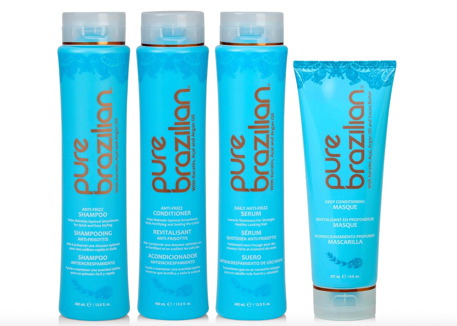 PURE BRAZILIAN Anti-Frizz Shampoo, Conditioner, Serum & Masque 4 Pcs Set-