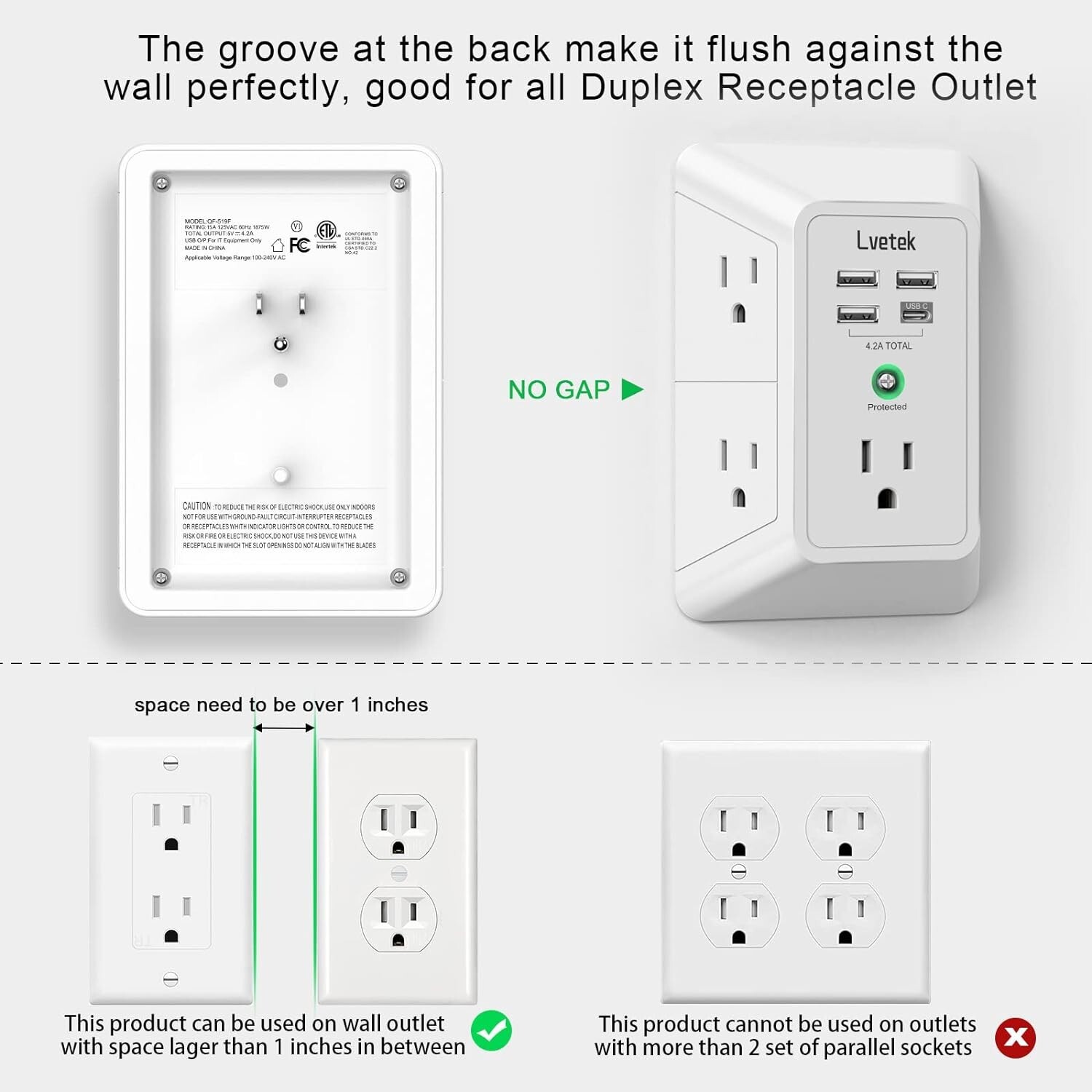 USB Wall Charger, LVETEK Surge Protector 5 Outlet Extender with 4 USB Ports 3 Si