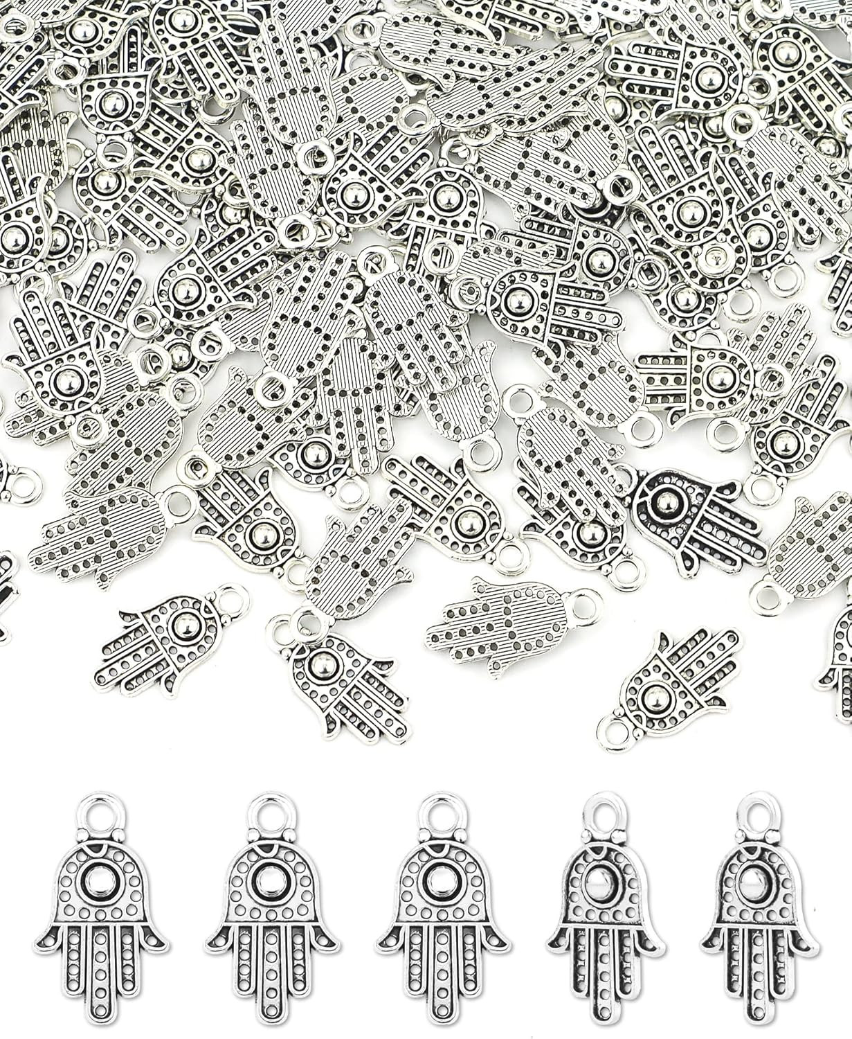 100PCS Antique Silver Hamsa Hand of Fatima Symbol Charms Hamsa Hand Beads Frame
