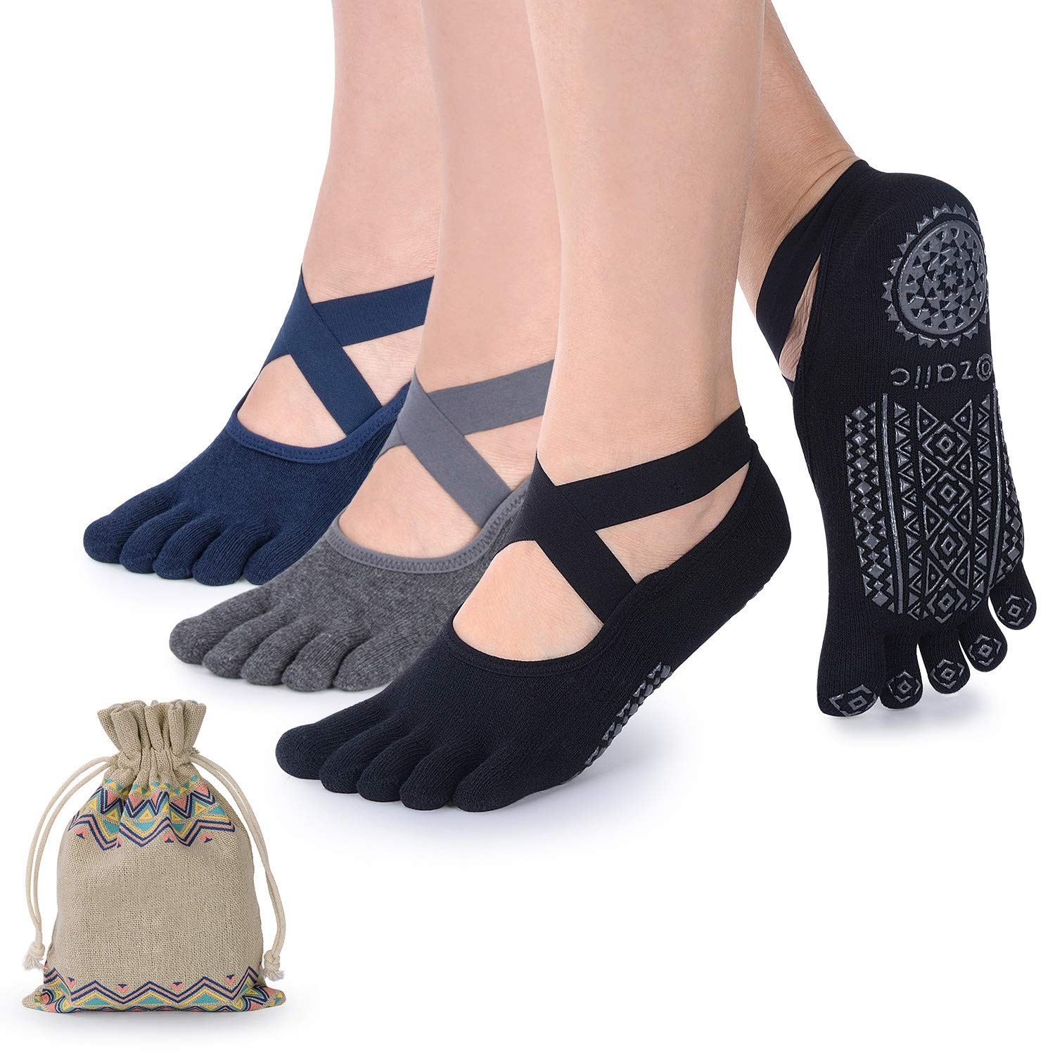 Ozaiic Yoga Socks for Women with Grips, One Size, 3 Pairs- Black Gray Blue