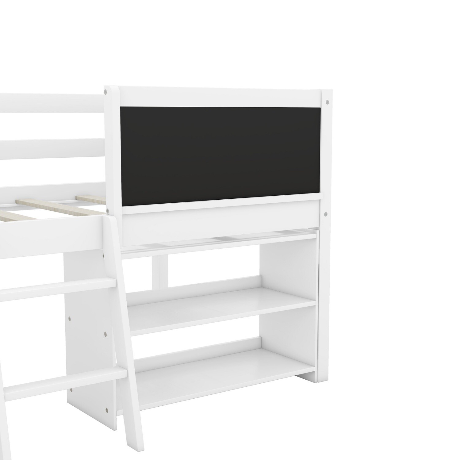 Twin Size Loft Bed Wood Bed Frame w/ 2 Movable Shelves & Guardrail Chalkboard