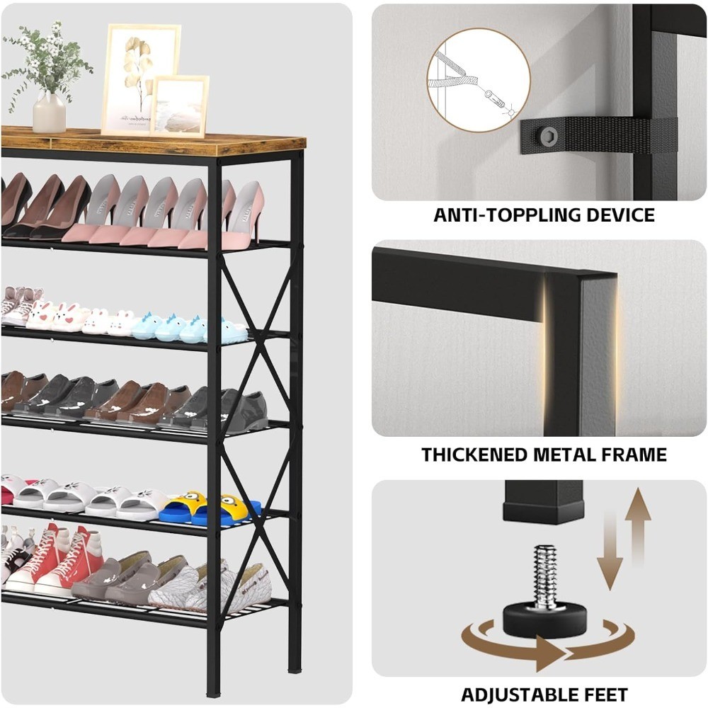6 Tier Stackable Metal Shoe Rack Holds 24 Pairs Adjustable Shelf Organizer for