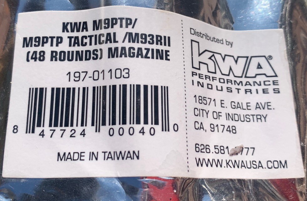 KWA M9 PTP and M93R Extended NS2 Hi-Cap GBB Airsoft Magazine 48 Rounds 197-01103