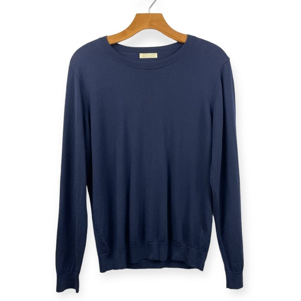 Niuhans Japan NAVY Fine Gauge Wool Sweater with Suede Elbow Patches Size 2/S