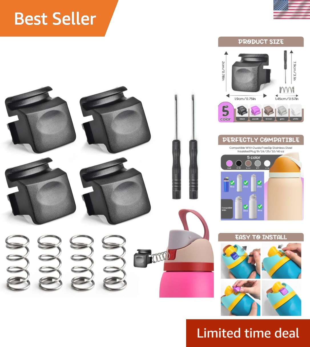 4-Pack Owala FreeSip Button Replacement with Springs & Screwdriver for Easy Fix