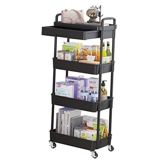 Rolling Utility Cart with Drawer,Multifunctional Storage 4-Tier Black