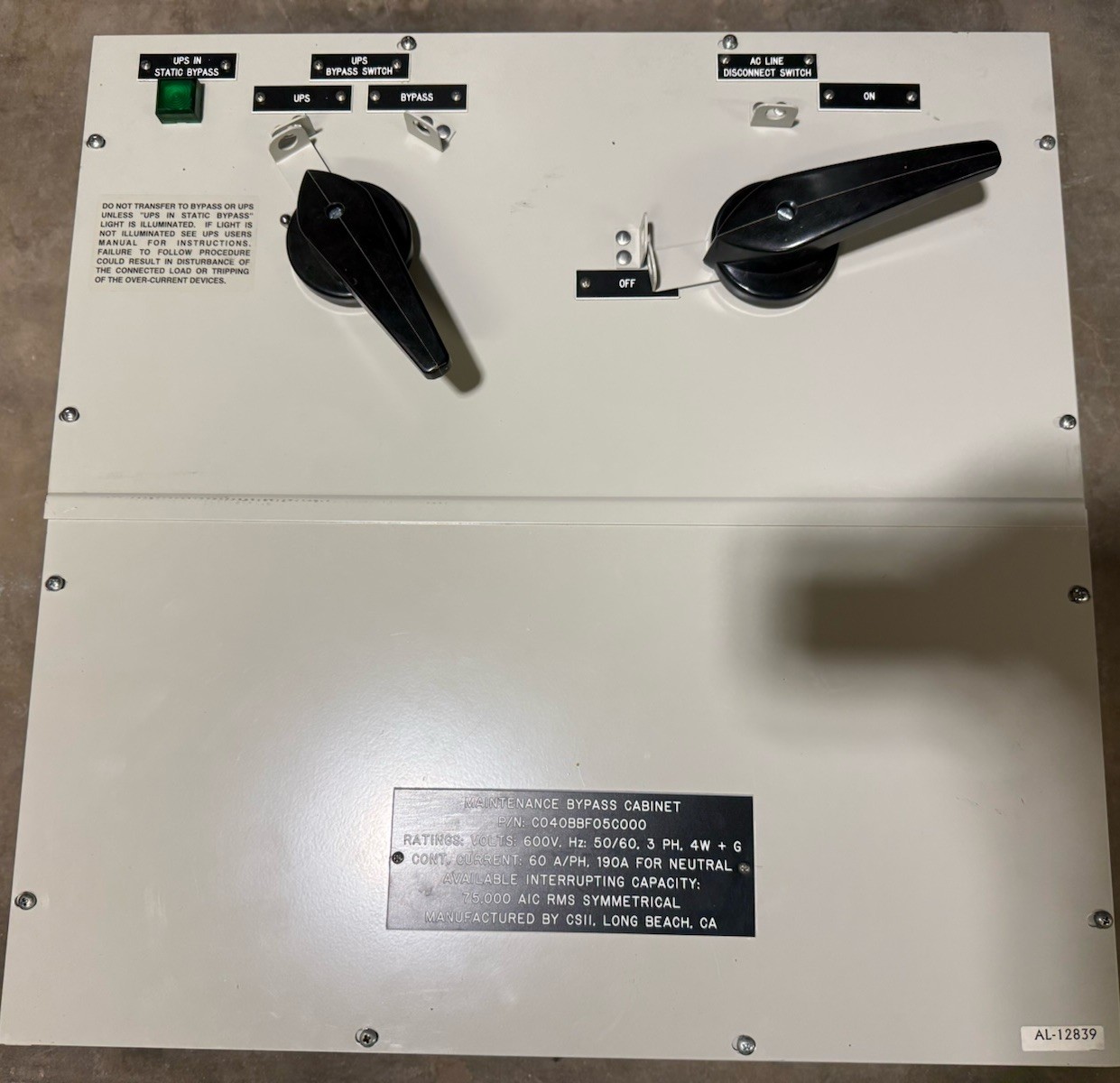 CSII Maintenance Bypass Cabinet 600V 3PH