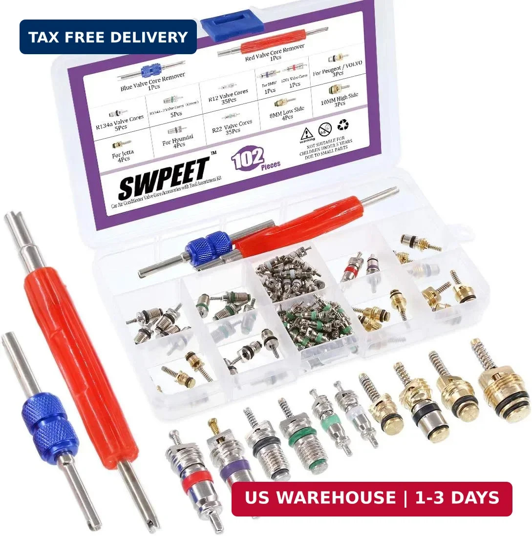 Swpeet 102Pcs Air Conditioning Valve Core Accessories Kit, Including Assortment