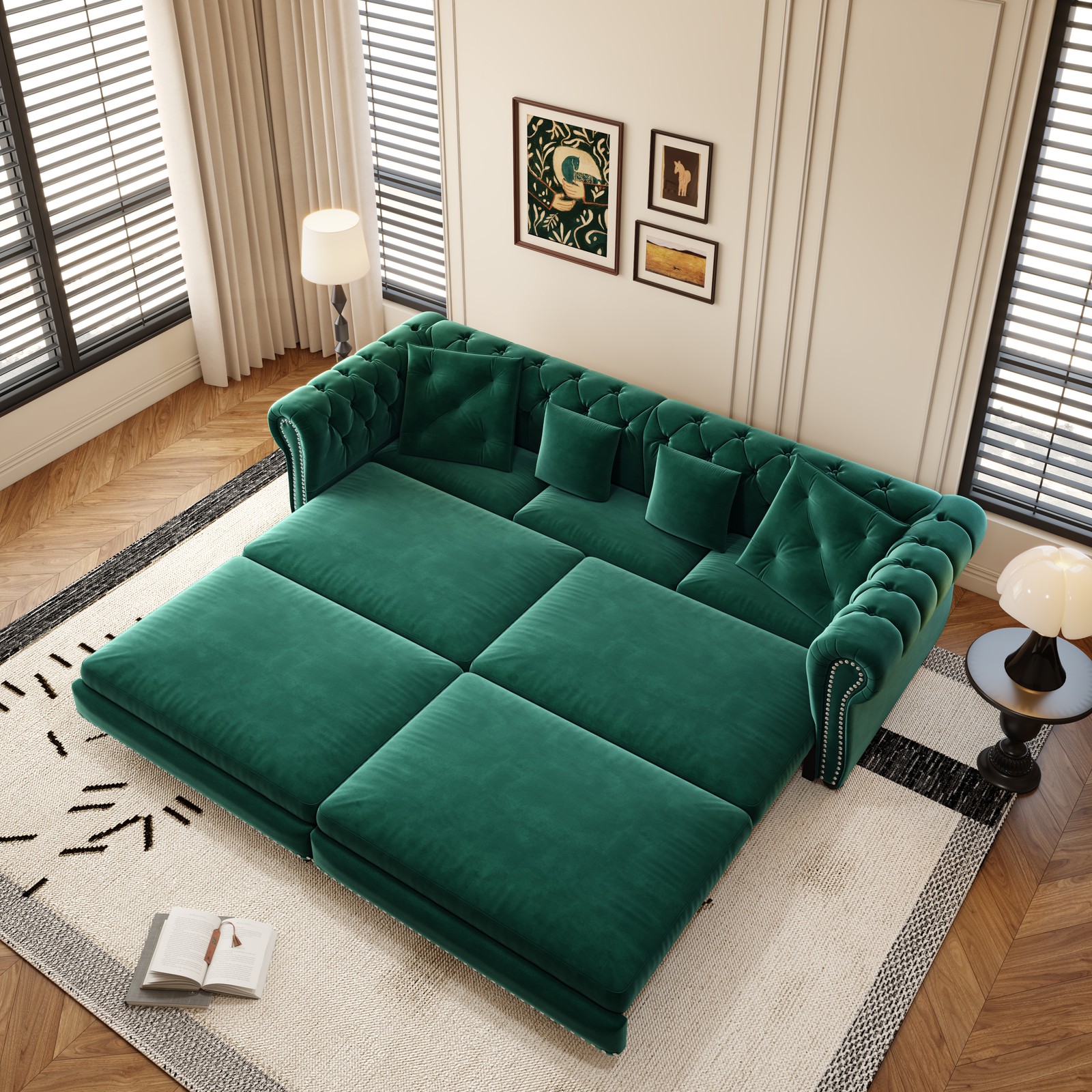 Chesterfield Sofa, 89 " W 3-in-1 Pull-Out Sofa Bed, Convertible Sleeper Sofa Bed