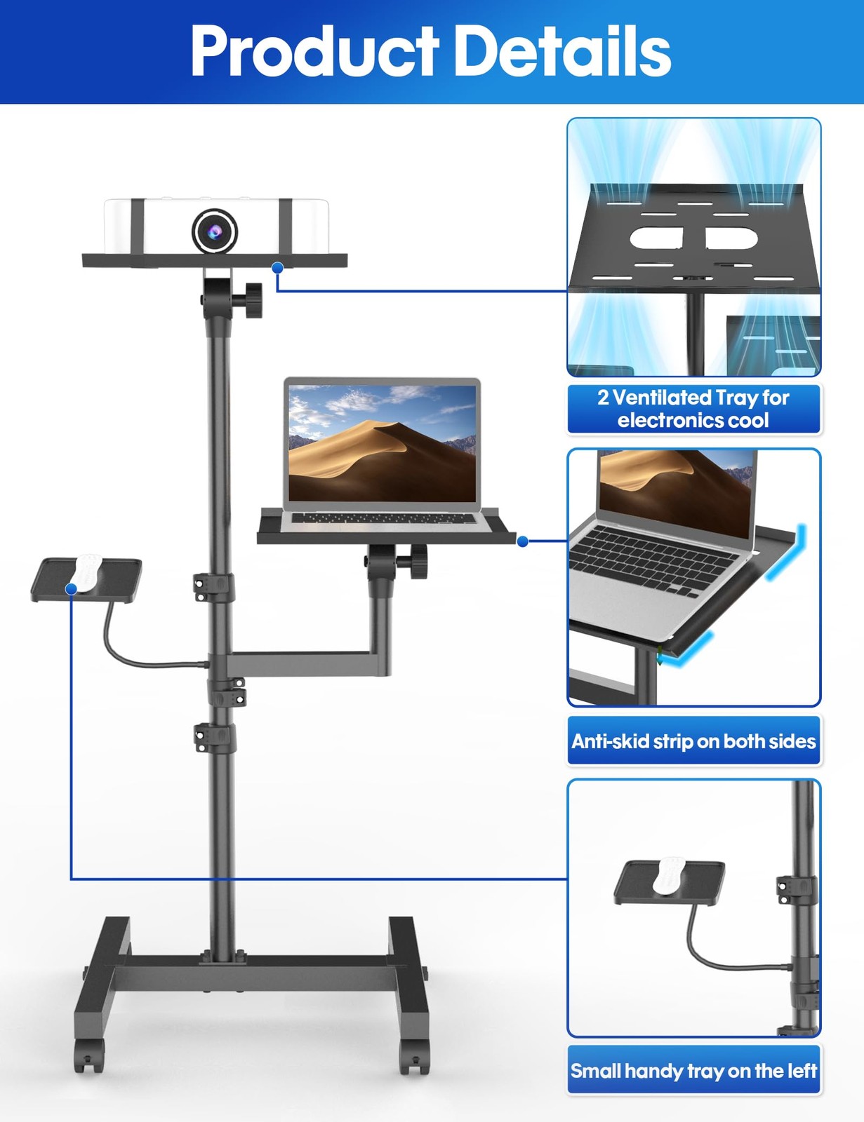 ORWOD Dual Shelf Projector & Laptop Tripod Stand, Mobile, Adjustable Height