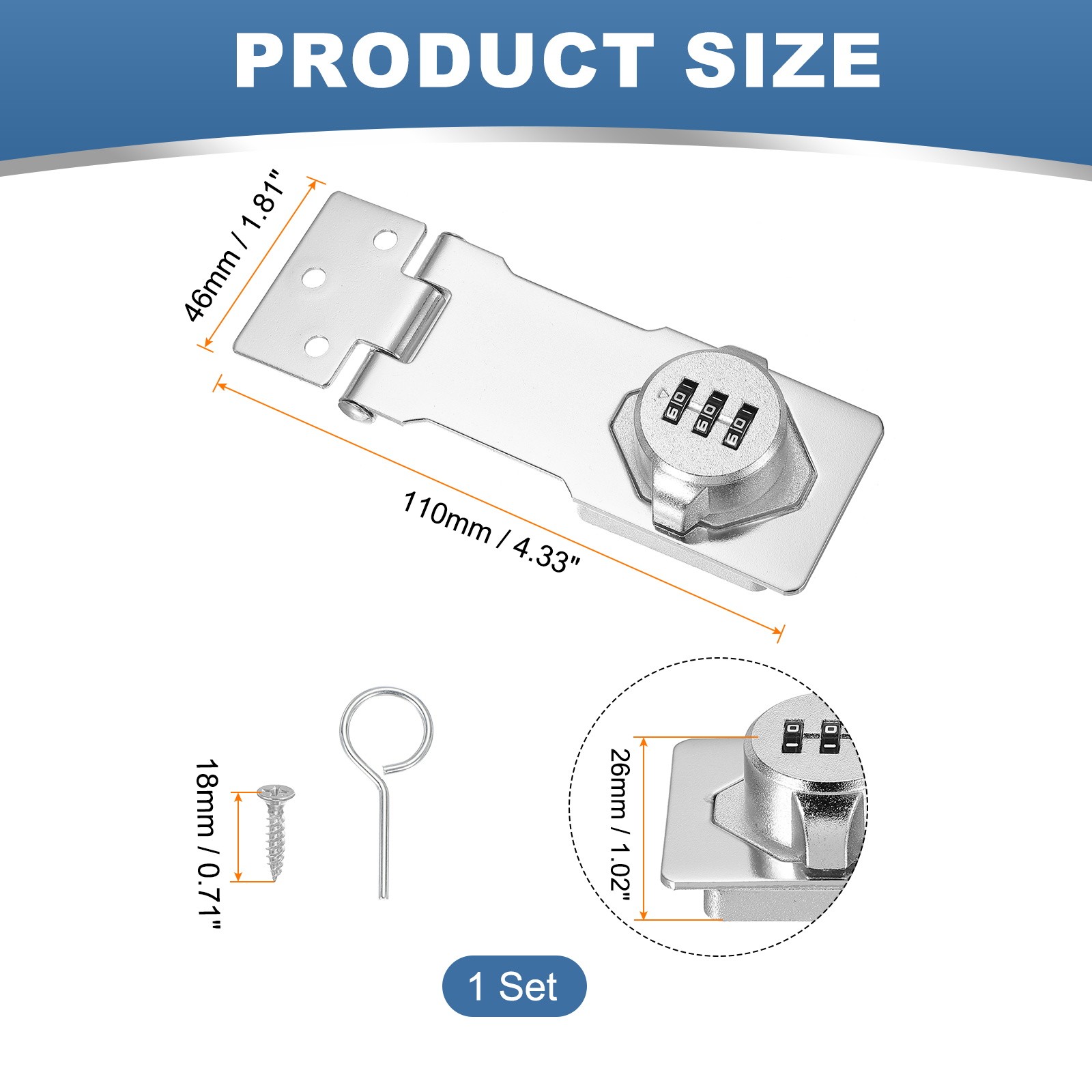 Password Rotary Hasp Locks Mechanical Cabinet Combination Latch Lock 4.5" Silver