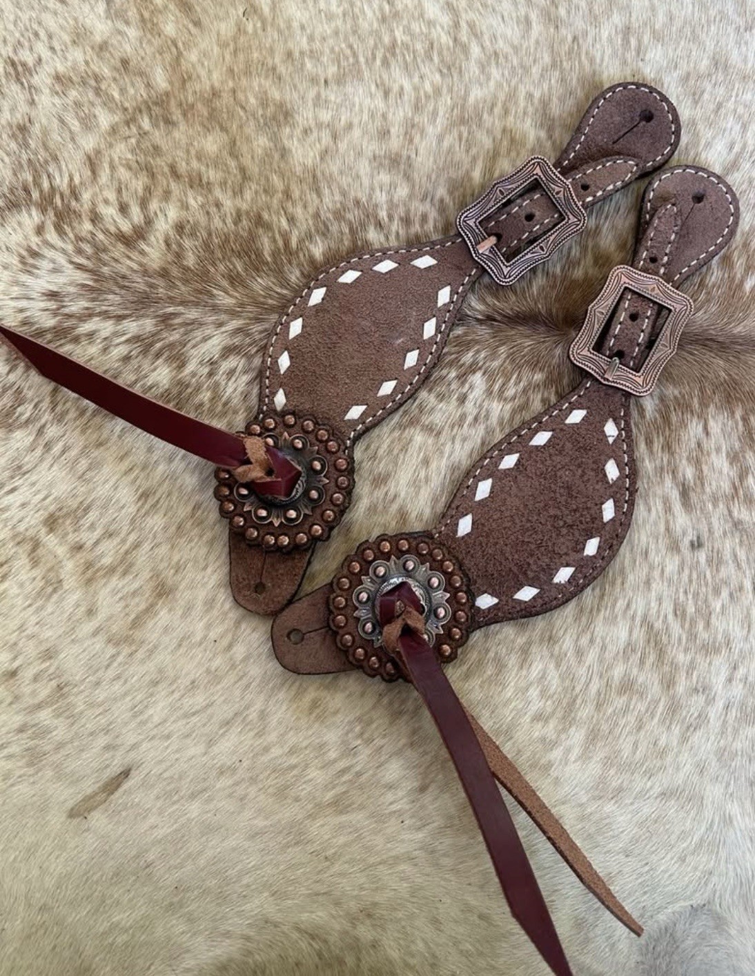 Ladies Size Roughout Leather Buckstitched Edges Western Pair Spur Straps