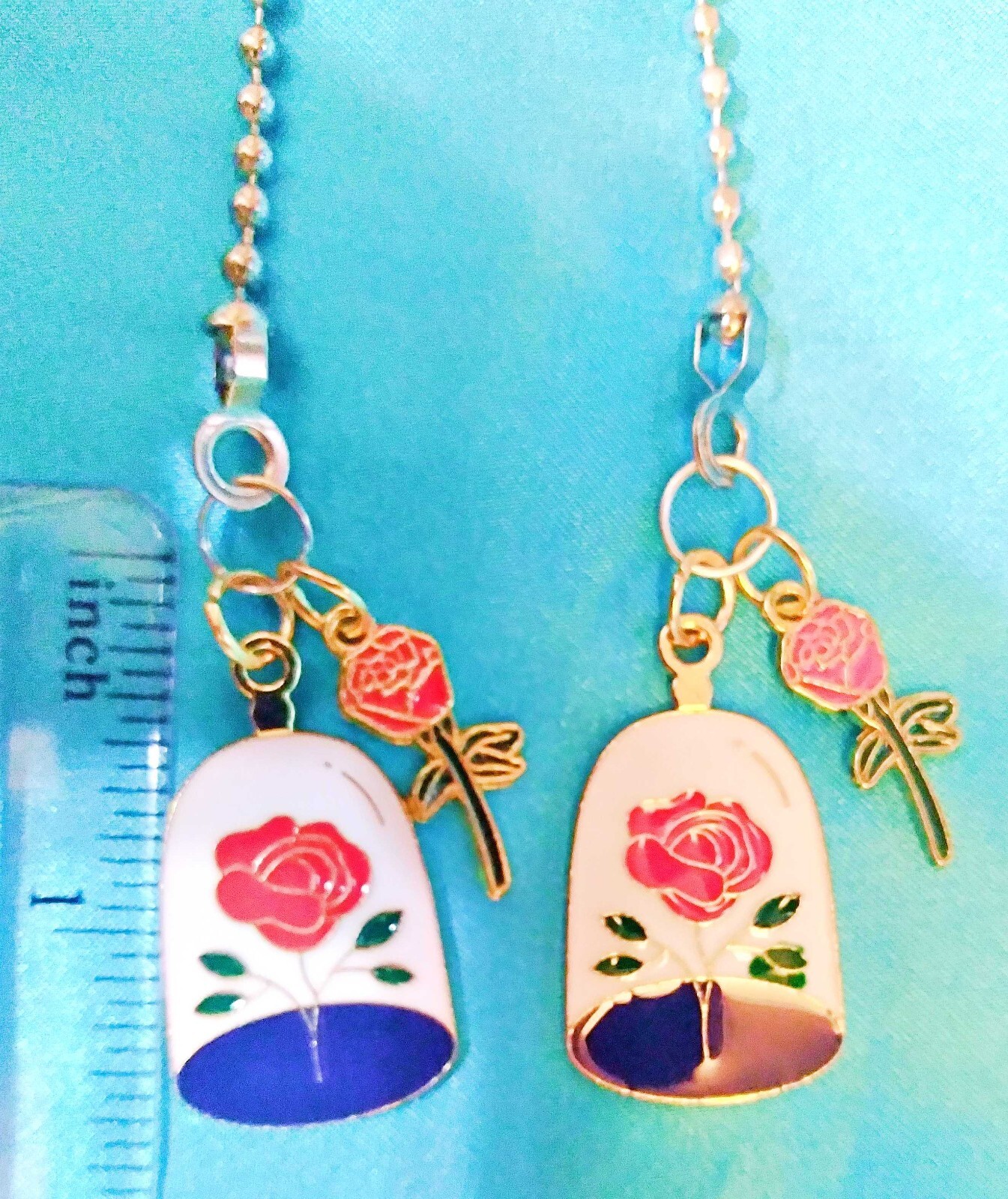 Set of Two ~ RED ROSE Glass Case Fantasy Flower Love Metal ~ Ceiling Fan Pulls