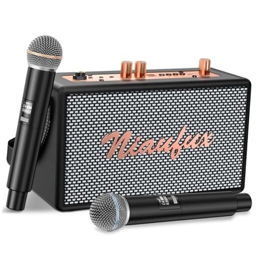 Karaoke Machine, Retro-Design Speaker with 2 Wireless Microphones for Black