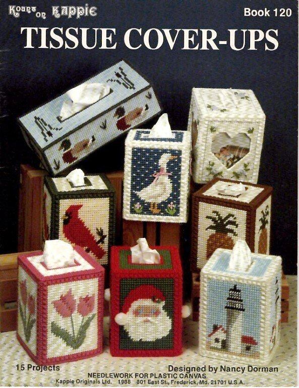 VINTAGE KOUNZ OR KAPPIE TISSUE COVER-UPS PLASTIC CANVAS 15 DESIGNS