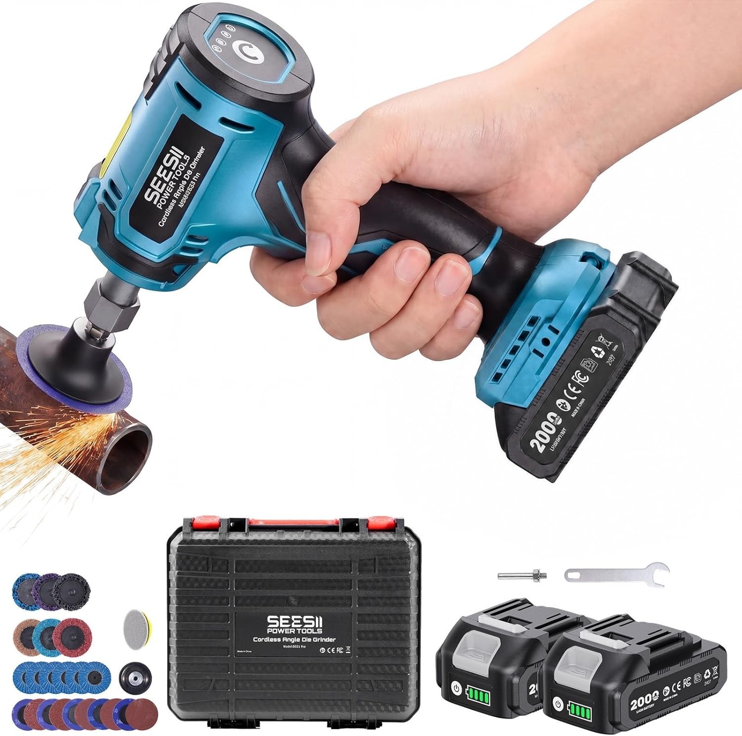 Grinder Die 1/4 Right Angle Brushless 24500 RPM 23PCS Kit Cordless Electric Led