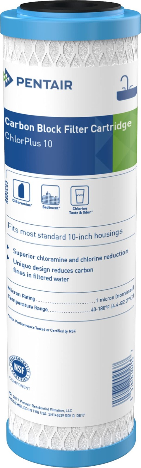Pentair Pentek ChlorPlus10 Carbon Water Filter, 10-Inch, Under Sink Chloramine