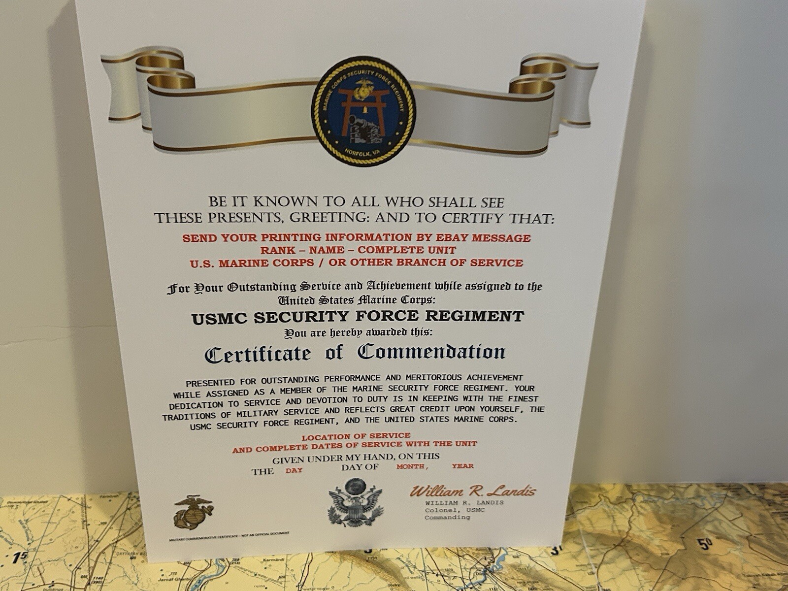 U.S. MARINE CORPS / USMC SECURITY FORCE REGIMENT - CERTIFICATE OF COMMENDATION
