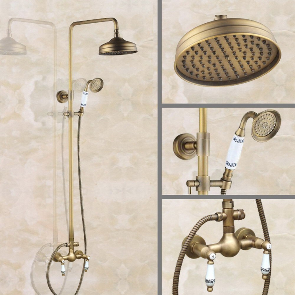 Antique Brass Bathroom 8 Inch Round Rain Shower Head Faucet Set Mixer Tap fan107