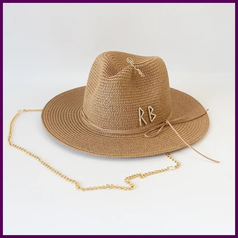 Metal RB Letter Straw Hat Women Men Summer Outdoor Beach Panama Fashion
