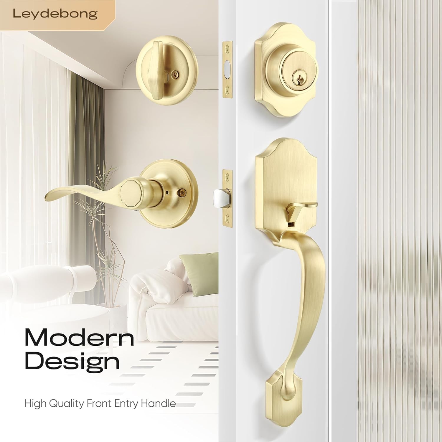 Elegant Gold Front Door Handle & Deadbolt Set, Keyed Different, Reversible
