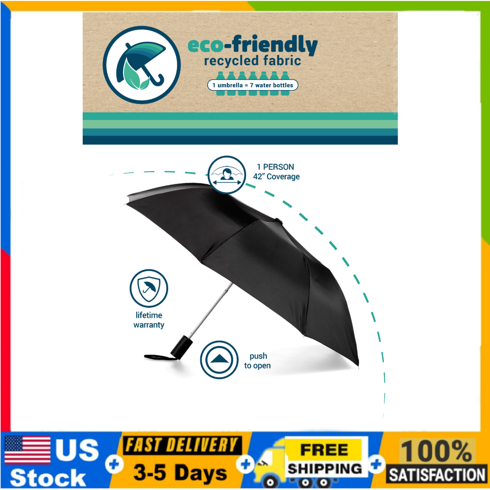 Totes Recycled Canopy Auto Open Umbrella - New - Free Ship