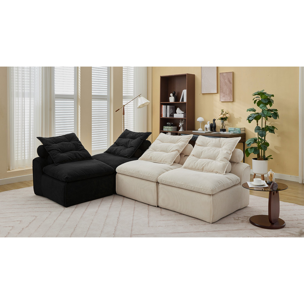 4-Piece Armless Corduroy Modular Sofa w/ Neck & Lumbar Pillows, Beige & Black