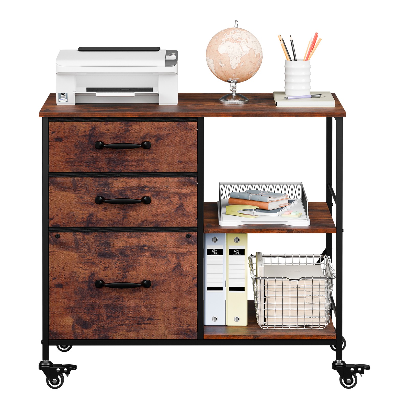 3 Drawer Mobile File Cabinet Rolling Printer Stand w/ Storage Shelf Rustic Brown
