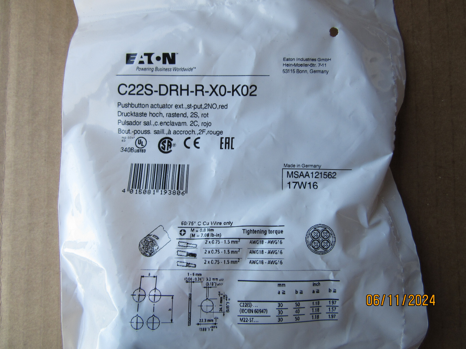 Eaton C22-DRH-R-X0-K02 Red Pushbutton New in Sealed Pack Free Shipping
