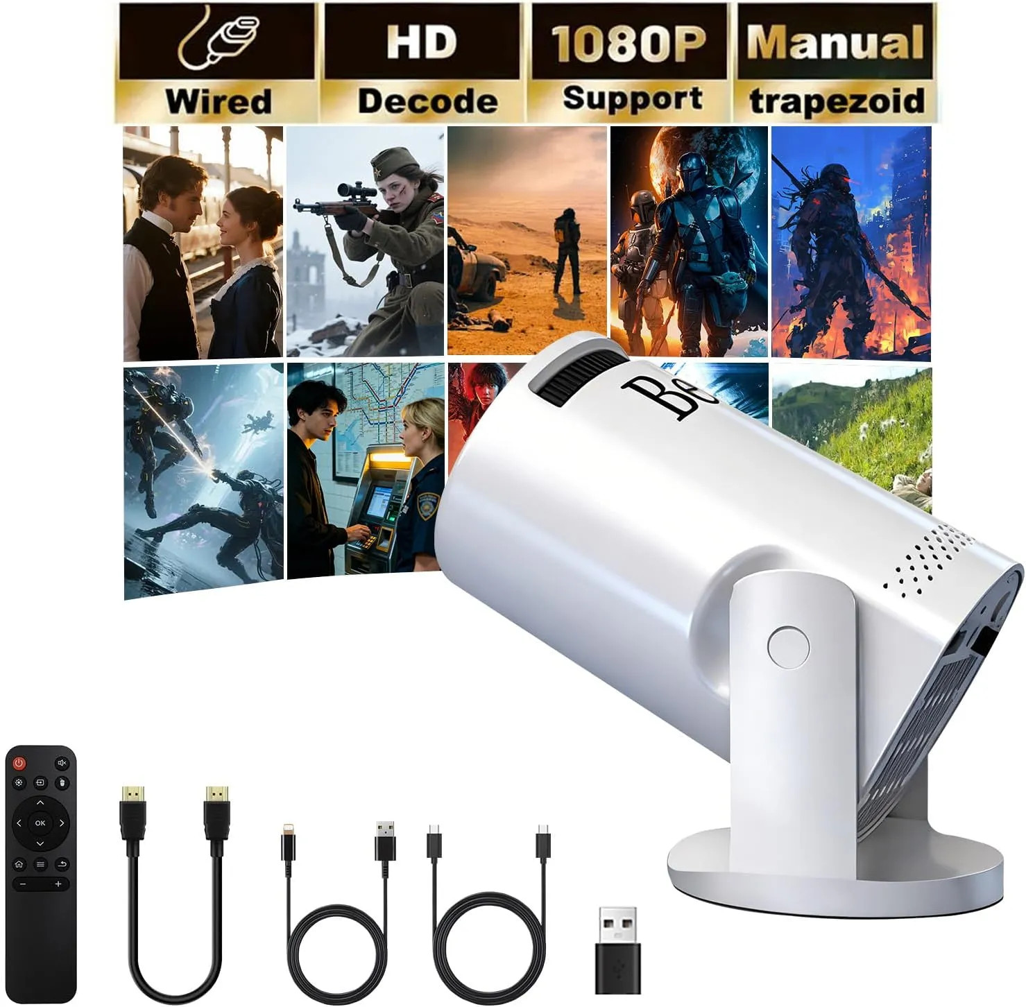 Portable 4K 1080P Mini Projector 180 Degree Rotation 17 to 130 Inch Home Cinema