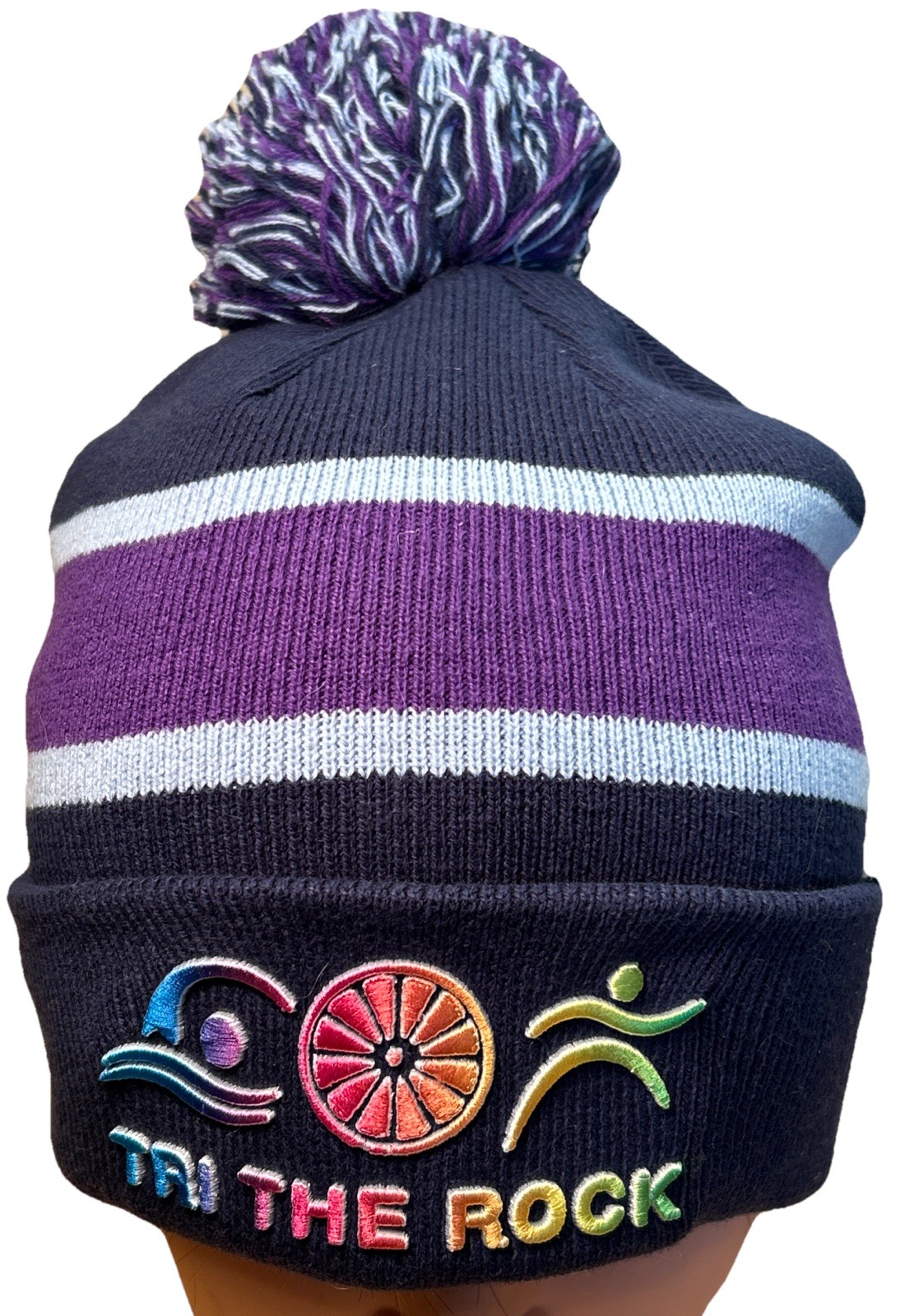 Tri The Rock Knit Beanie Pom Hat Retro Stripe Purple Blue Triathlon Race Gear