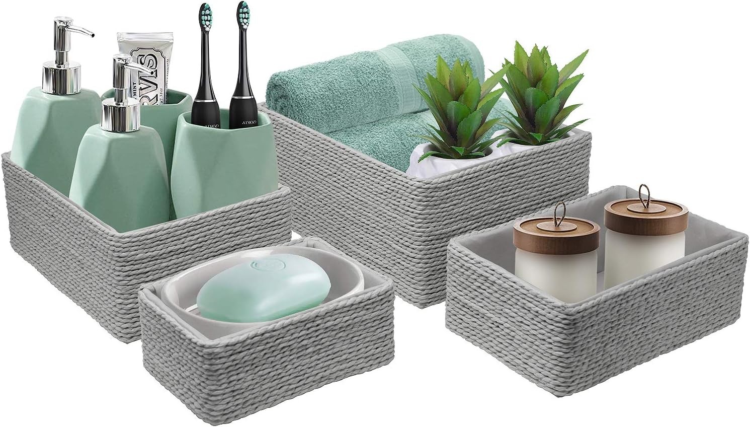 Storage Baskets 4 Piece Set Stackable Woven Basket Paper Rope Bins Gray