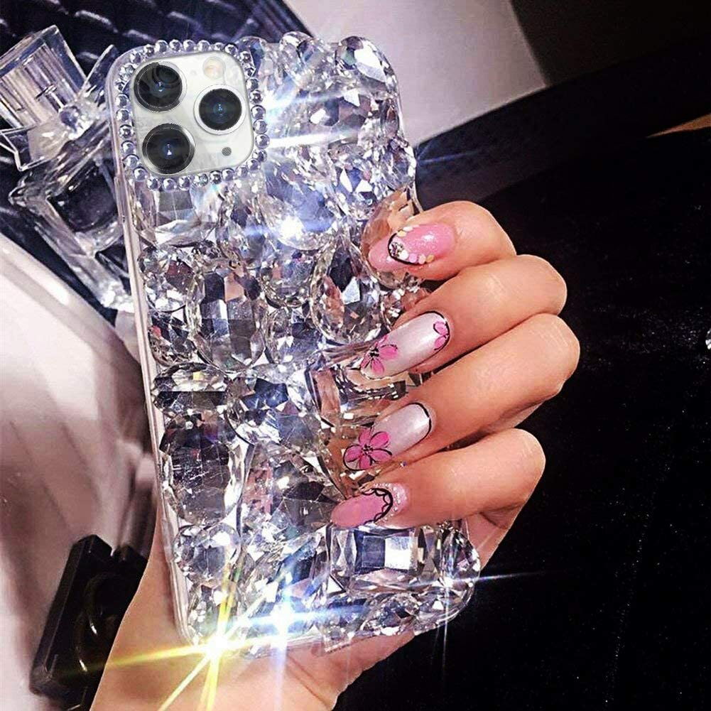 Clear Heart Handmade Diamond Case Bling Rhinestone Phone Back Rubber Phone Cover