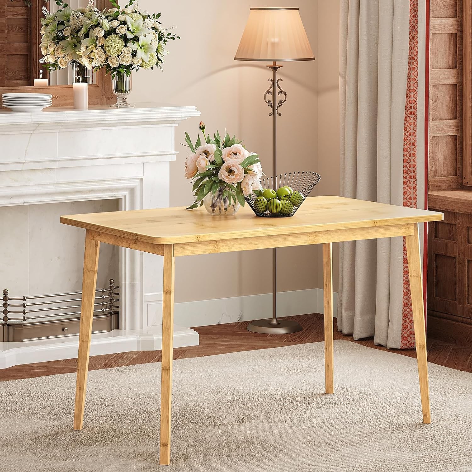 Dining Table Bamboo Rectangle Kitchen Table for 4-6 ,Easy to Assemble,