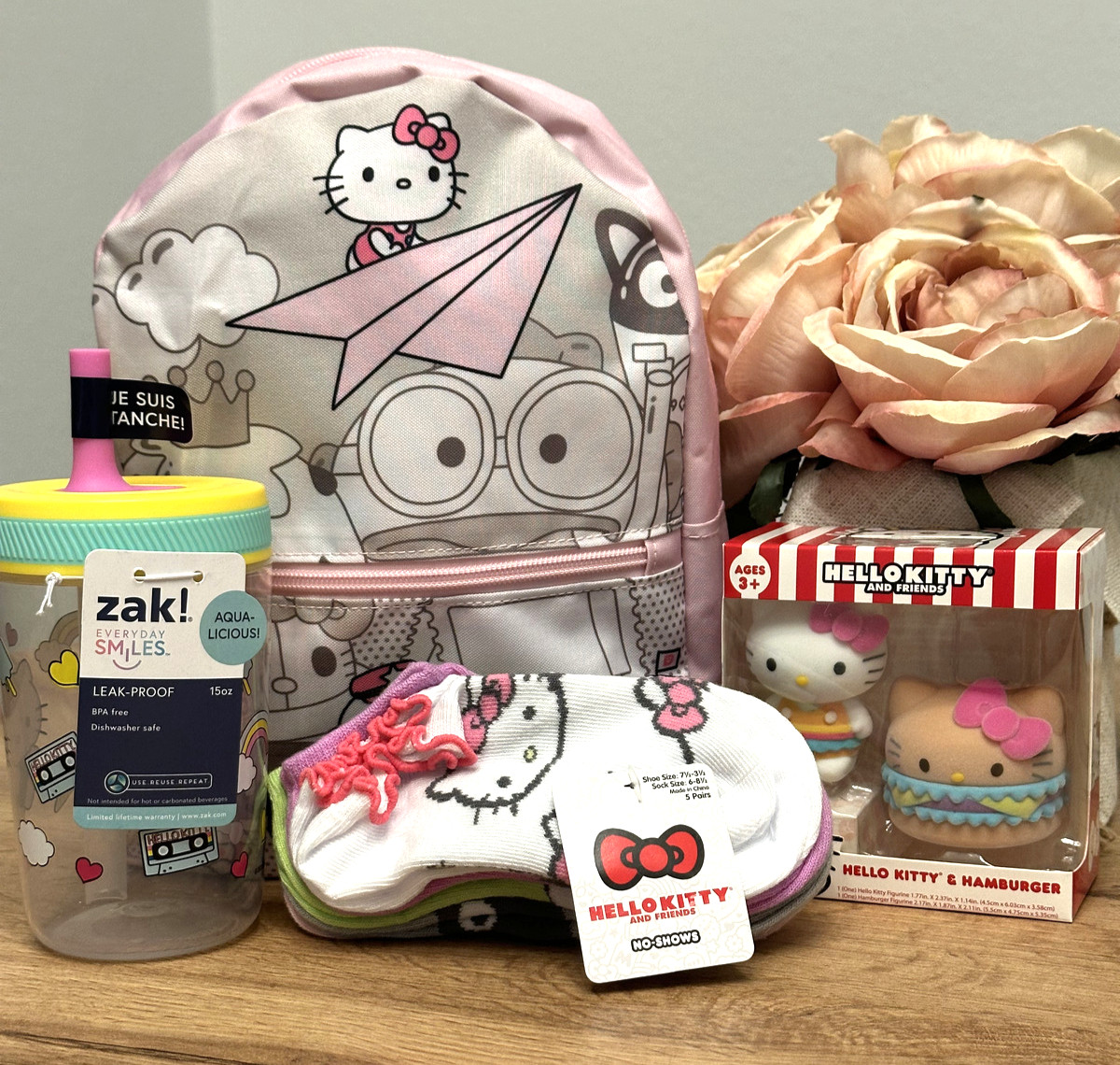 Hello Kitty 10" Backpack, Hello Kitty Tumbler, HK 5 socks & 2 Flocked Figure Set