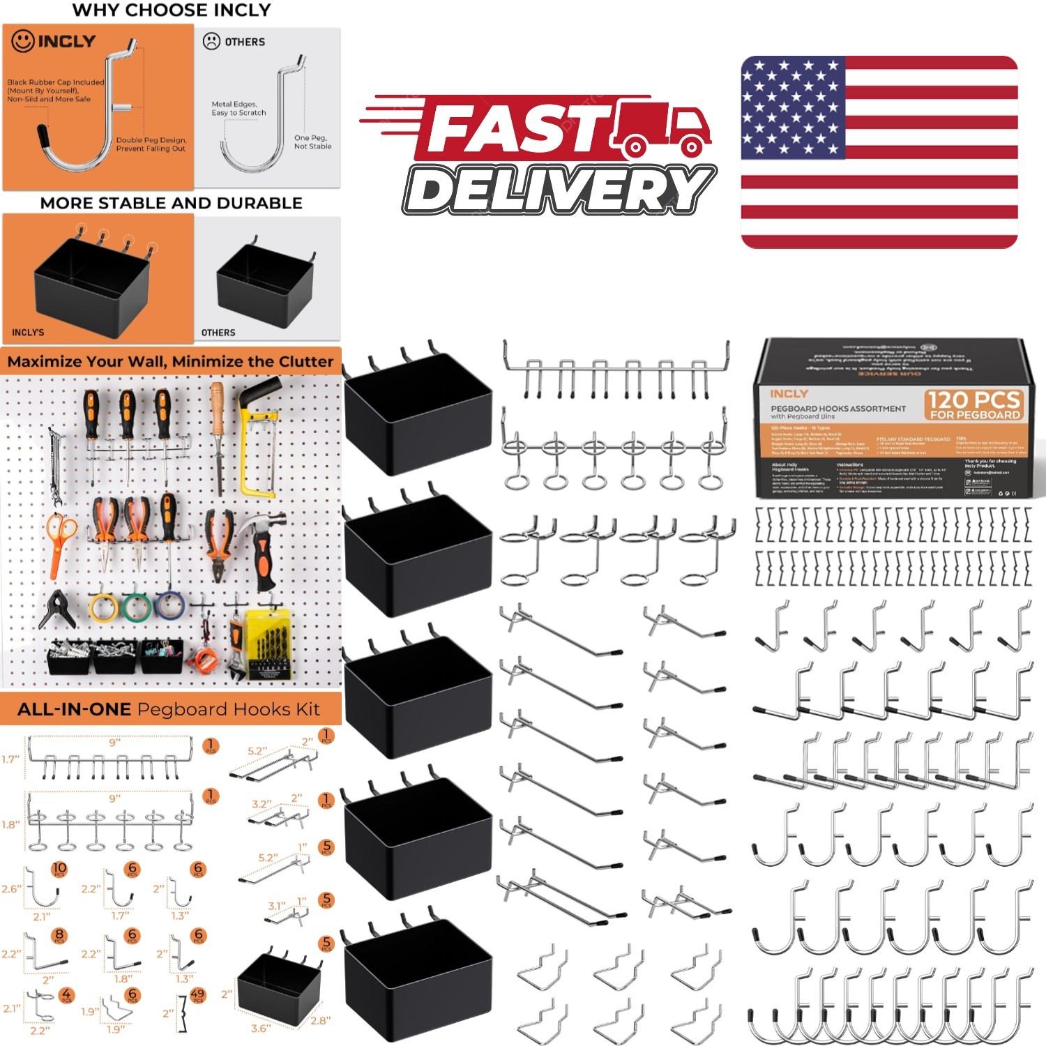 120PCS Pegboard Accessories Organizer Kit with Hooks Bins for Wall Storage