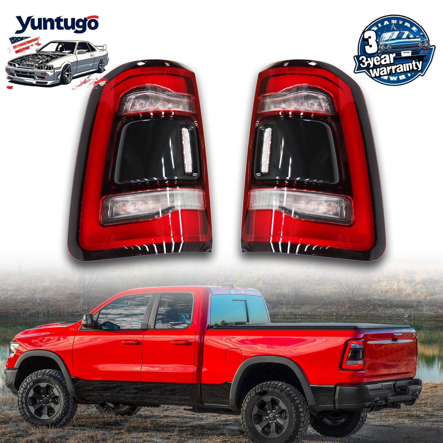 Pair For Ram 1500 2019-2022 Black LED Tail Lights Lamps w/o Blind Spot