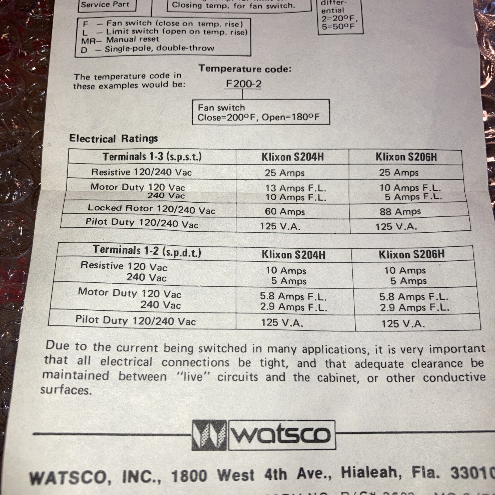 Watsco Refrigeration Defrost Switch TT-55RL Temp Code L55