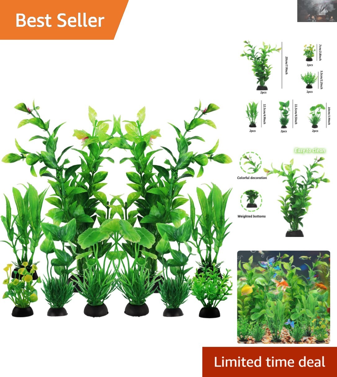 Artificial Aquarium Decor - 10 Water-Resistant Green Plants for Fish Tanks