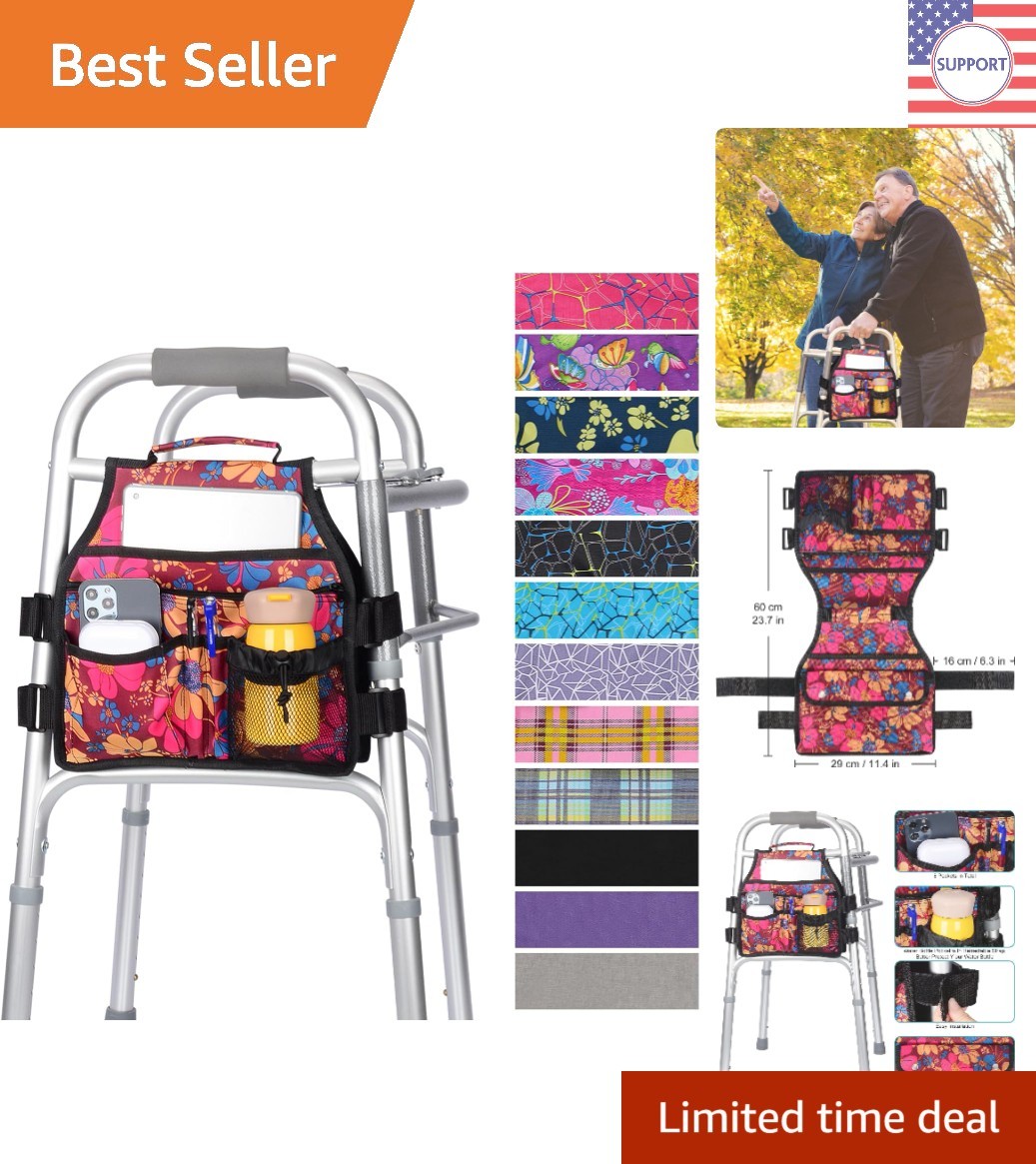 Multifunctional Walker Accessories Bag with 8 Pockets & Cup Holder for Elders