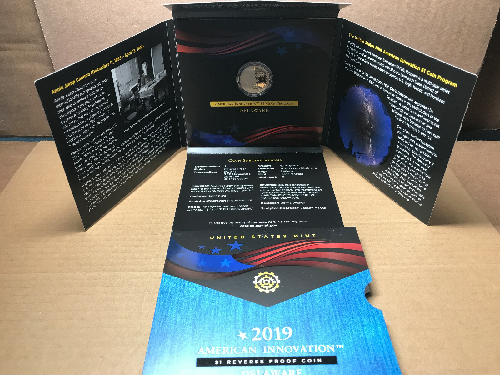 2019 S American Innovation $1 Reverse Proof Coin Delaware 1 Coin w/ BOX COA 19GE