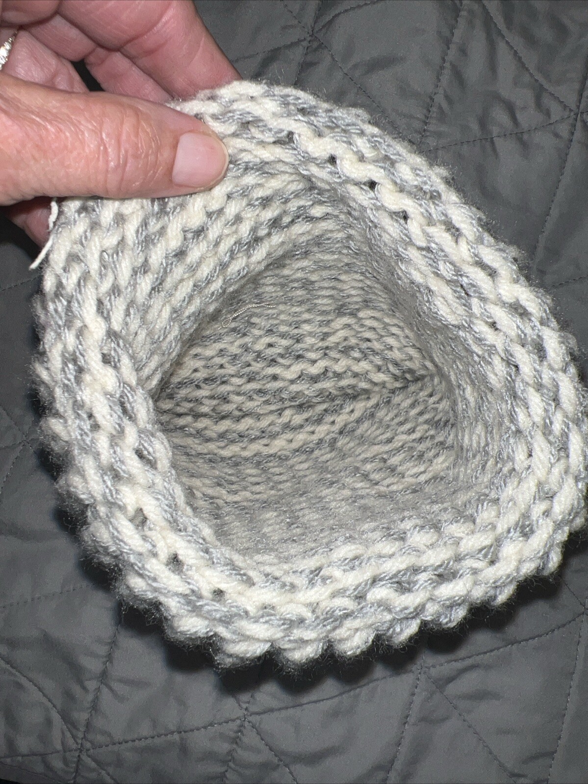 Gray and White Handmade knitted Beanie Hat Very Small Size. EUC