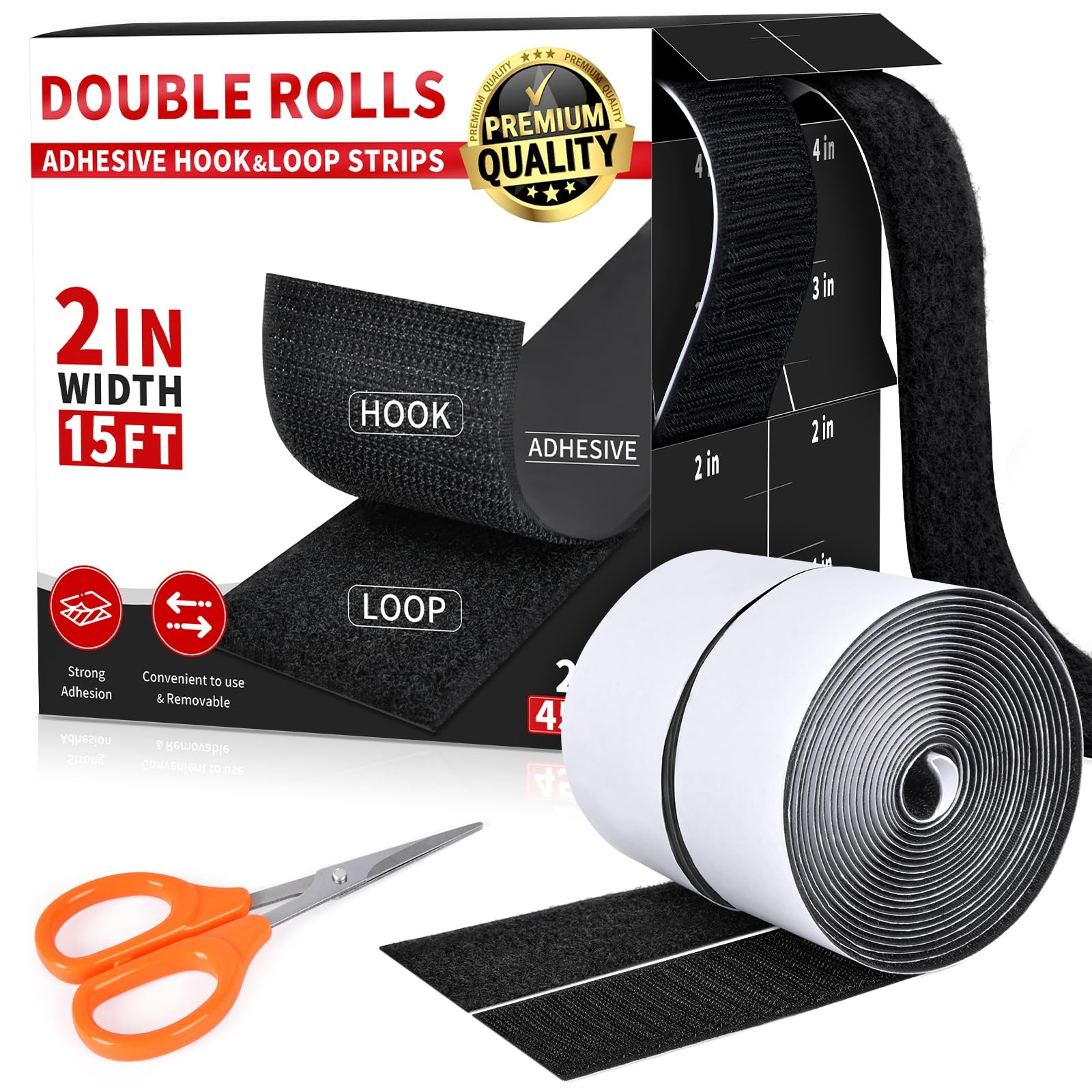 2 Inch 15Ft Hook and Loop Strips with Adhesive Double Sided Tape for Home Office