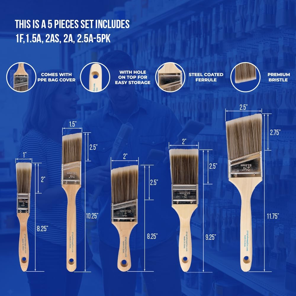Pro Grade Paint Brushes, 5-Piece Paint Brush Set, Flat & Angle Brushes for Walls