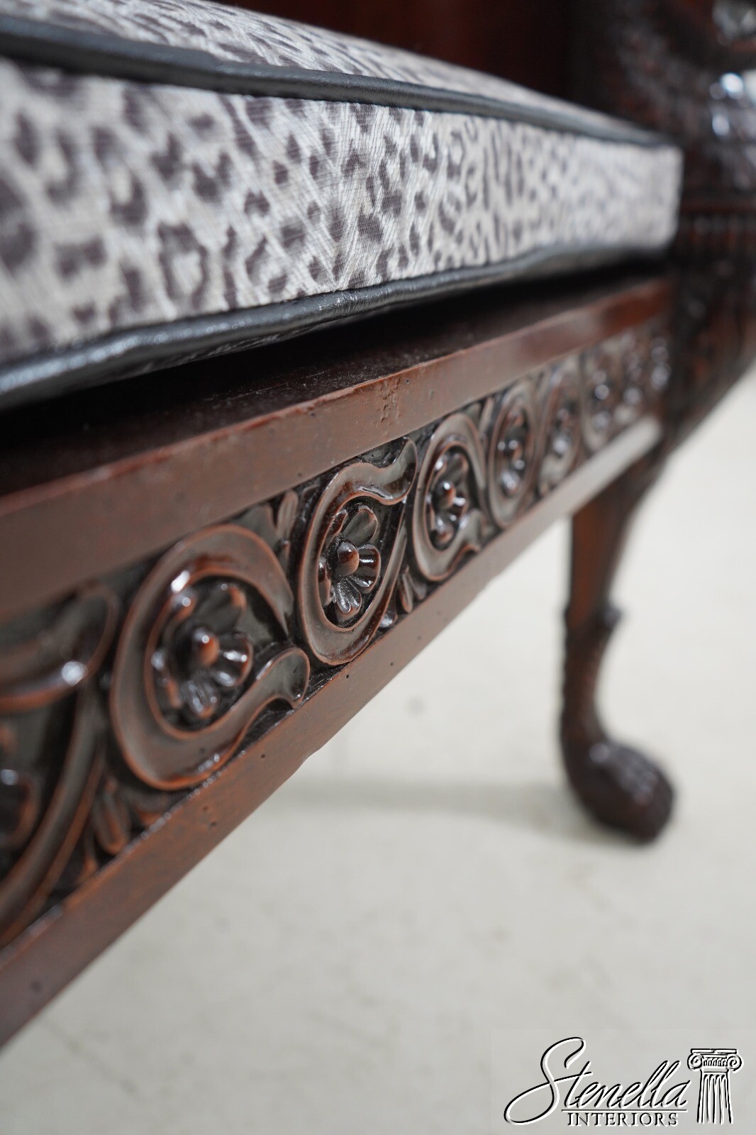 F62511EC: Monumental Ornately Carved Throne Chair w. Upholstered Seat