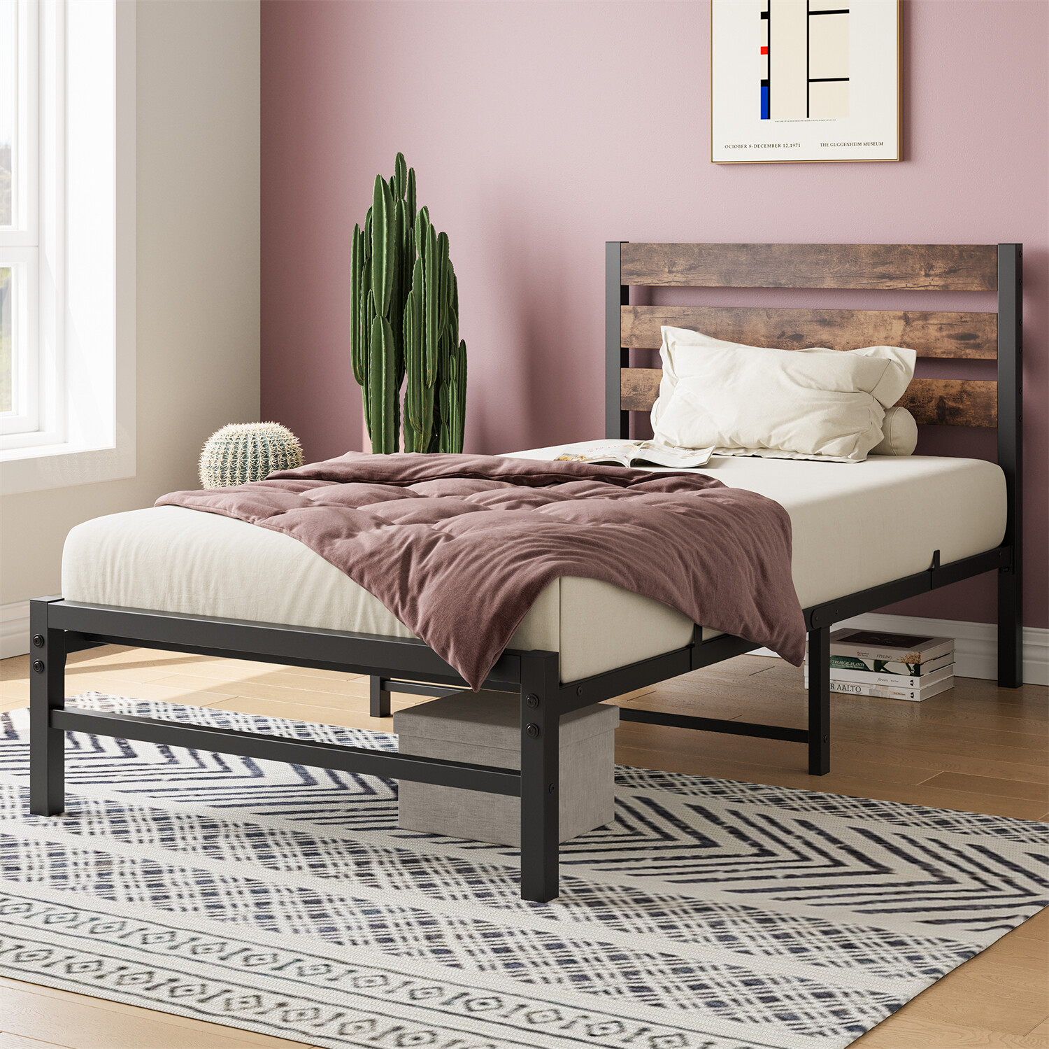 Twin/Full/Queen Size Bed Frame Metal Platform Bed Frame w/ Wooden Headboard US