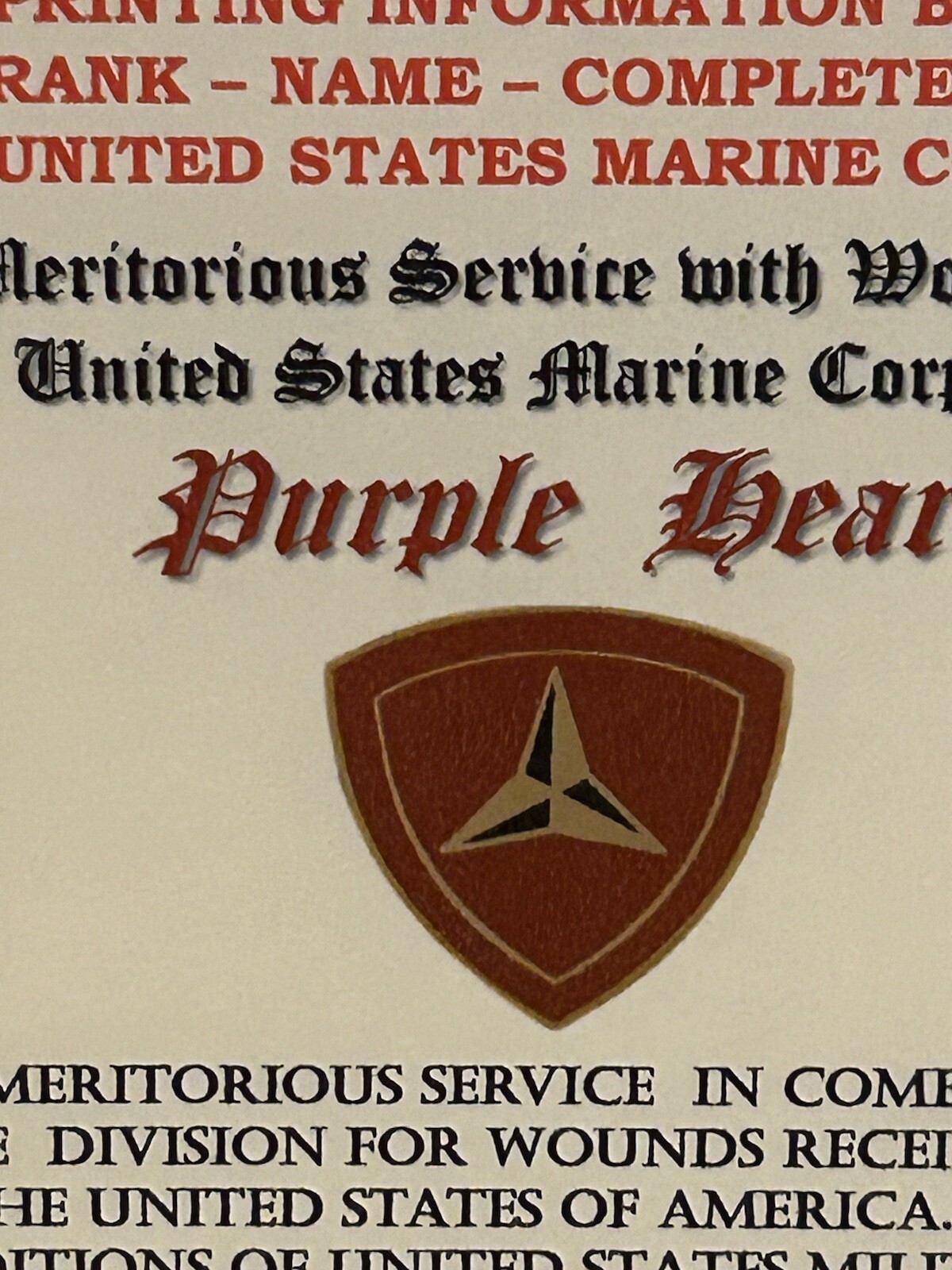 U.S.M.C. / P.H. MEDAL COMMEMORATIVE CERTIFICATE - 3RD MARINE DIVISION