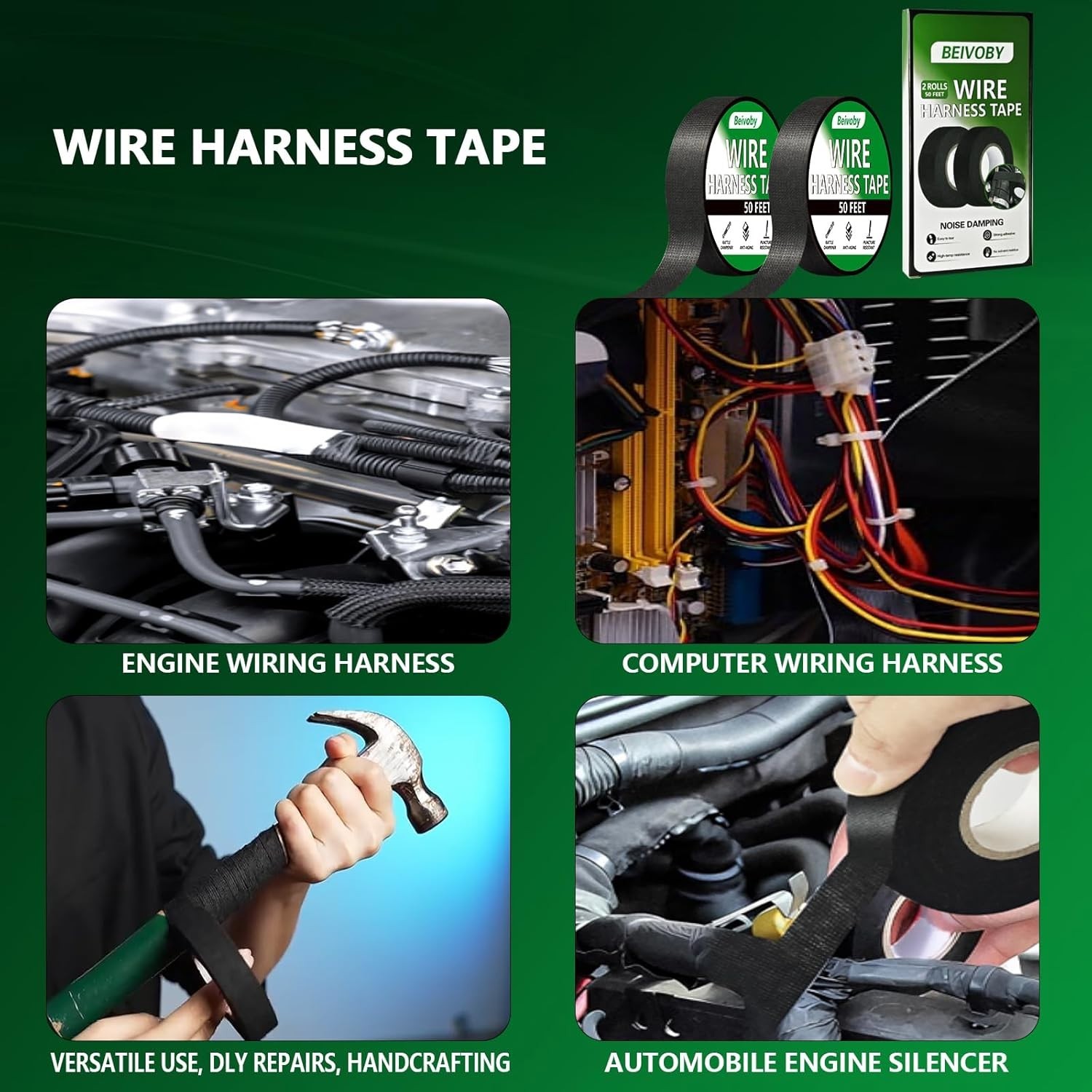 Protect Engine Wiring - 2 Rolls 100ft High Temp Wire Harness Tape
