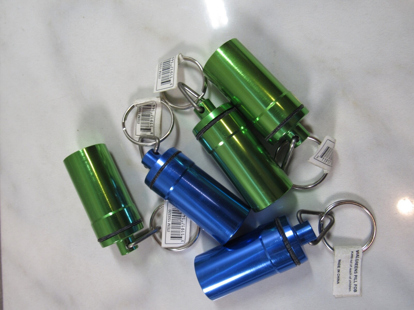 NOS 5 Walgreens Waterproof Keychain Pill Fobs Green & Blue Aluminum