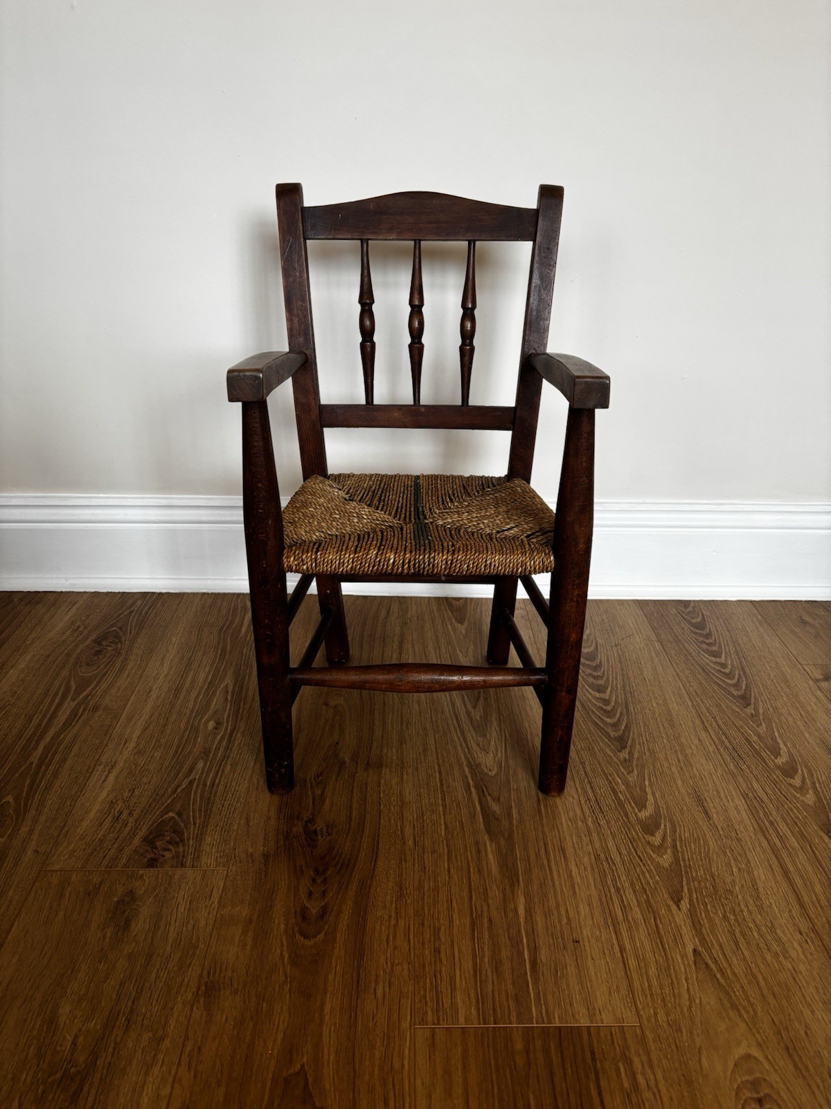 Antique Childs Wooden Chair With Woven Straw Seat In Great Condition Still Solid